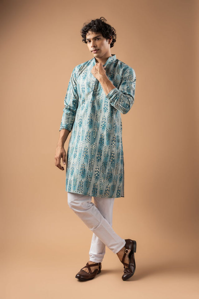 Mens Blue Foil Printed Silk Blend Kurta Set (ACB1006)