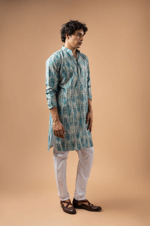 Mens Blue Foil Printed Silk Blend Kurta Set (ACB1006)