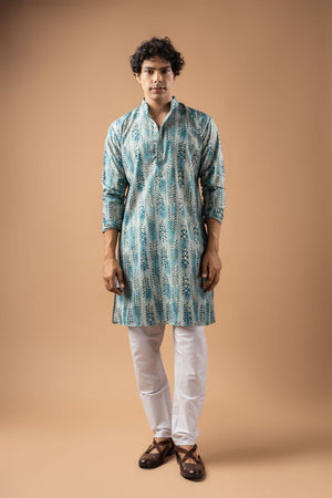 Mens Blue Foil Printed Silk Blend Kurta Set (ACB1006)