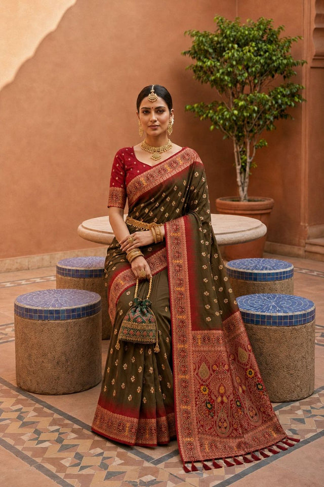 Mehendi Woven Soft Silk Saree (ACB1008)