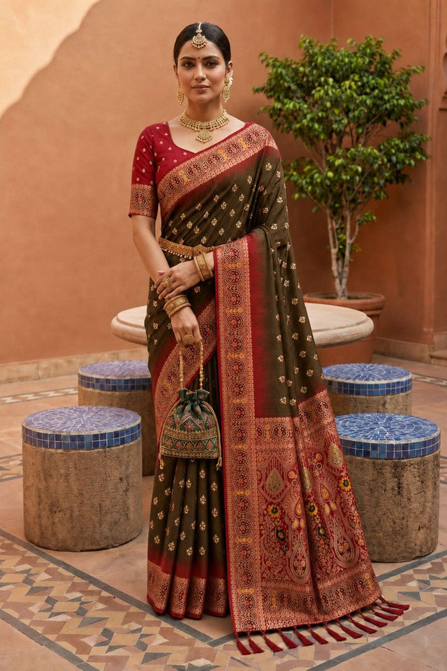 Mehendi Woven Soft Silk Saree (ACB1008)