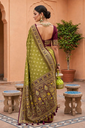 Olive Green Woven Soft Silk Saree (ACB1010)