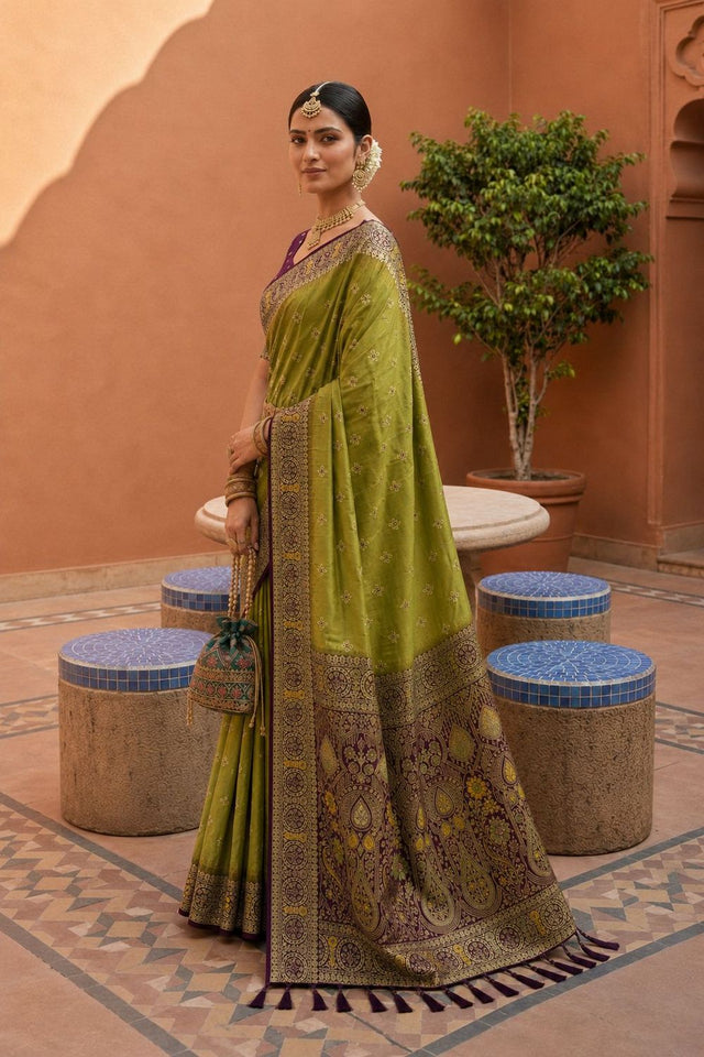 Olive Green Woven Soft Silk Saree (ACB1010)