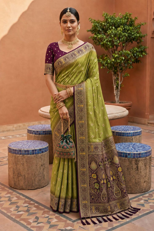 Olive Green Woven Soft Silk Saree (ACB1010)