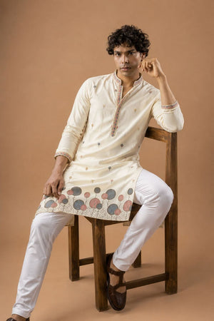 Mens White Floral Embroidered Silk Blend Kurta Set (ACB1029)