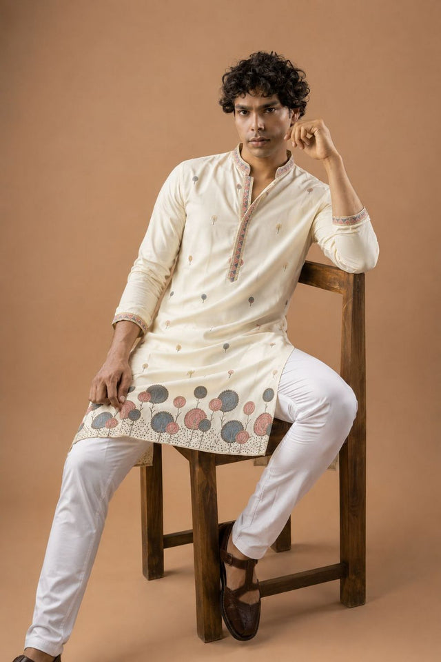 Mens White Floral Embroidered Silk Blend Kurta Set (ACB1029)