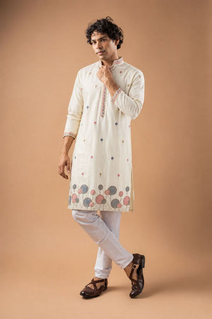 Mens White Floral Embroidered Silk Blend Kurta Set (ACB1029)