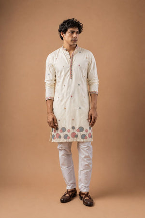 Mens White Floral Embroidered Silk Blend Kurta Set (ACB1029)
