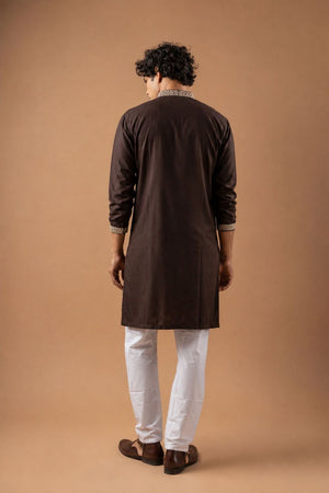 Mens Brown Floral Embroidered Silk Blend Kurta Set (ACB1030)