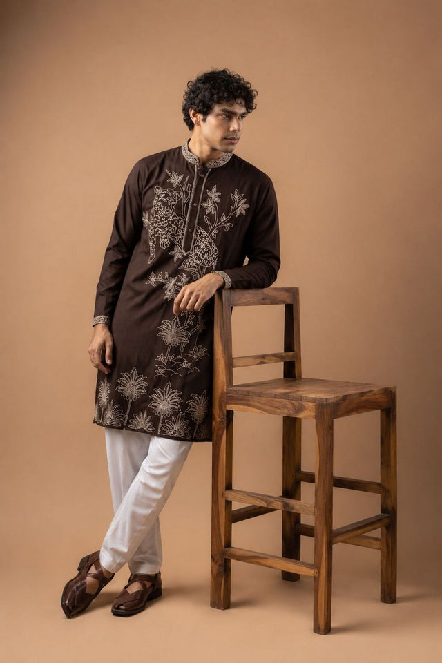 Mens Brown Floral Embroidered Silk Blend Kurta Set (ACB1030)