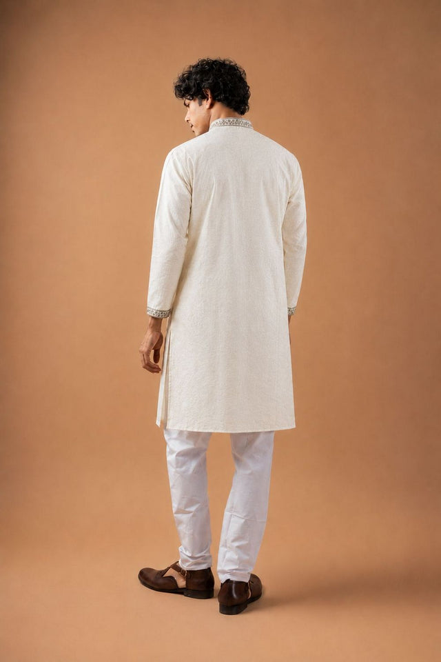 Mens White Floral Embroidered Silk Blend Kurta Set (ACB1031)