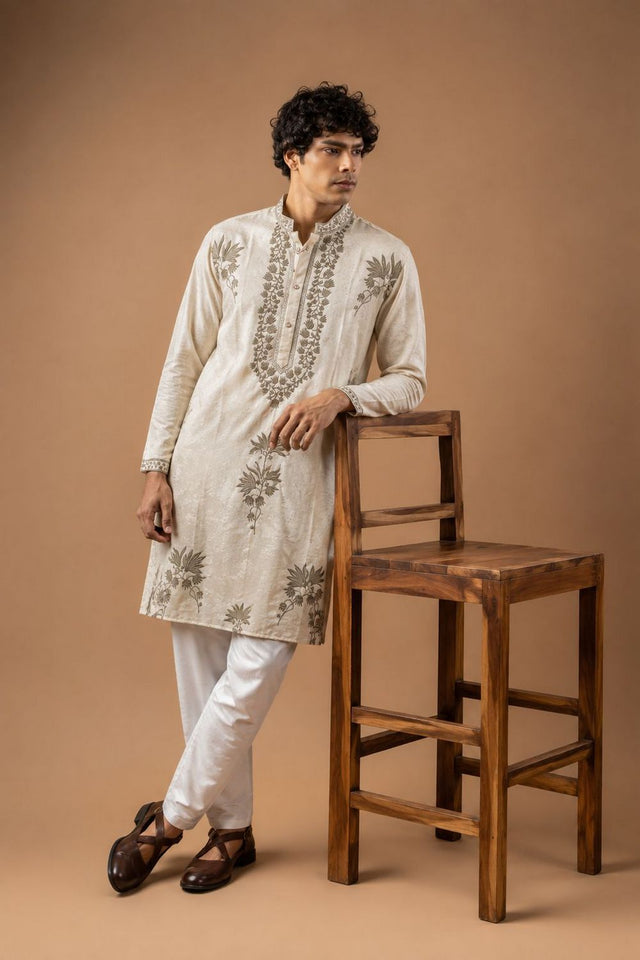 Mens White Floral Embroidered Silk Blend Kurta Set (ACB1031)