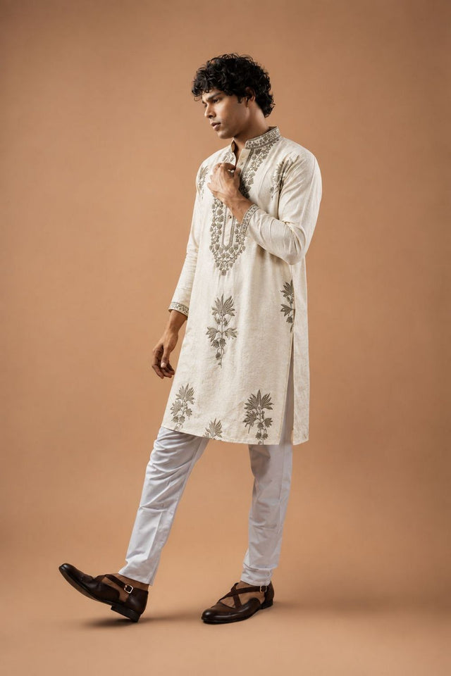 Mens White Floral Embroidered Silk Blend Kurta Set (ACB1031)