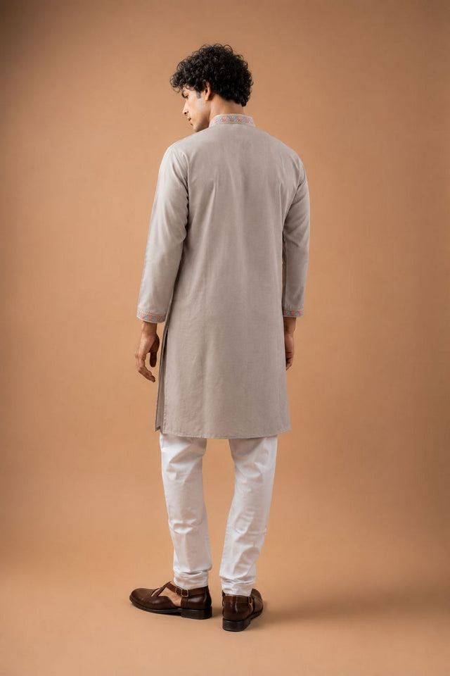 Mens Beige Floral Embroidered Silk Blend Kurta Set (ACB1032)