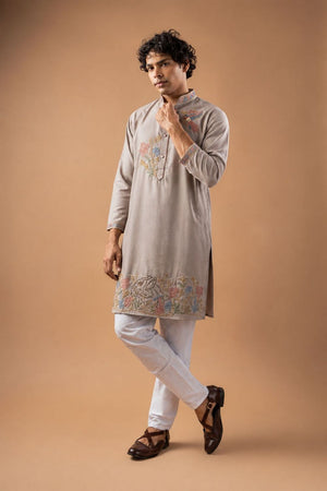 Mens Beige Floral Embroidered Silk Blend Kurta Set (ACB1032)