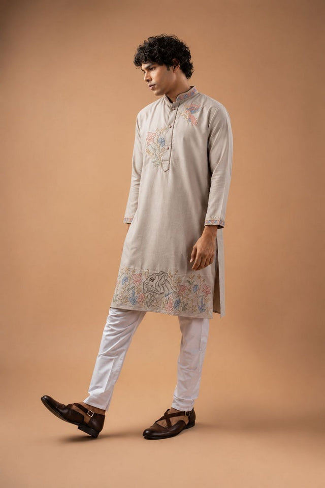 Mens Beige Floral Embroidered Silk Blend Kurta Set (ACB1032)