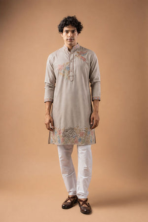 Mens Beige Floral Embroidered Silk Blend Kurta Set (ACB1032)