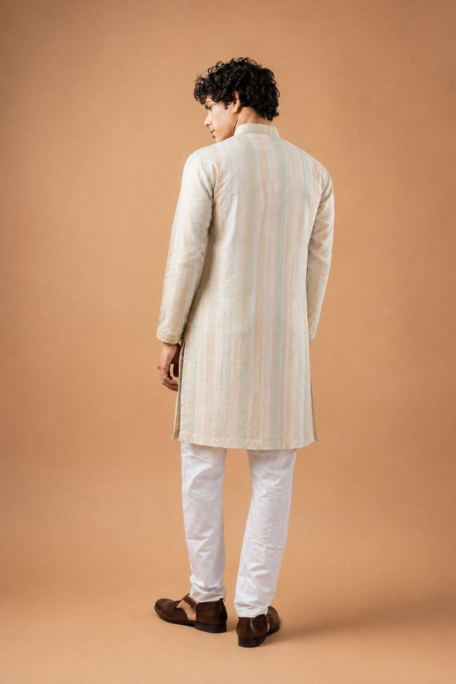 Mens Beige Embroidered Silk Blend Kurta Set (ACB1033)