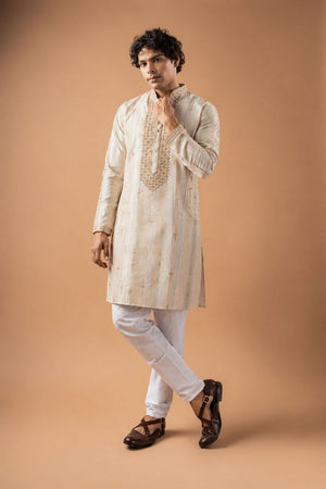 Mens Beige Embroidered Silk Blend Kurta Set (ACB1033)