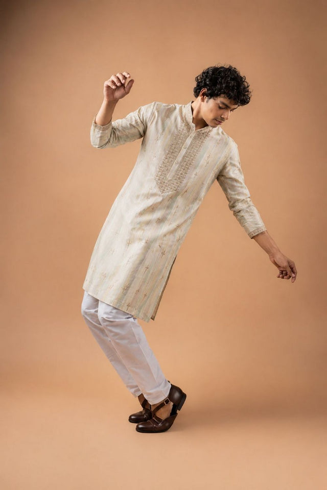 Mens Beige Embroidered Silk Blend Kurta Set (ACB1033)