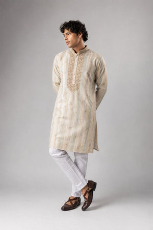 Mens Beige Embroidered Silk Blend Kurta Set (ACB1033)