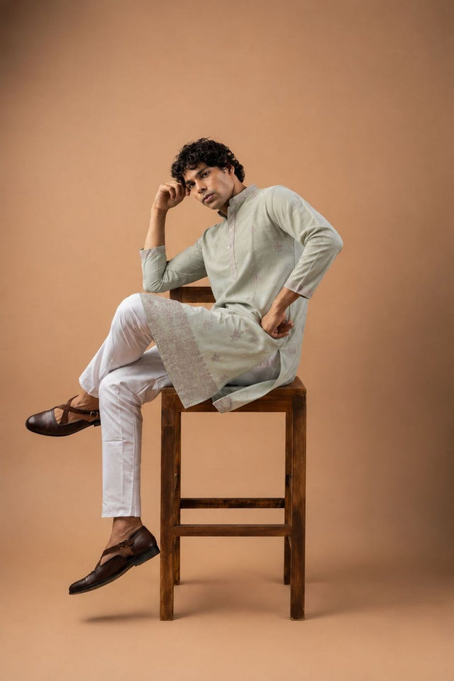 Mens Green Floral Embroidered Silk Blend Kurta Set (ACB1034)