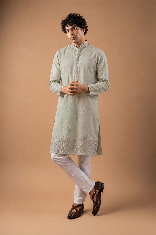 Mens Green Floral Embroidered Silk Blend Kurta Set (ACB1034)