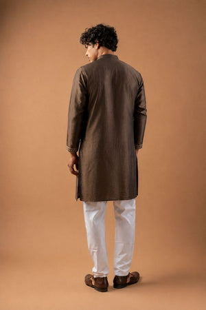 Mens Brown Floral Embroidered Silk Blend Kurta Set (ACB1035)
