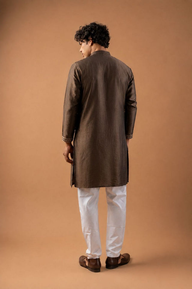 Mens Brown Floral Embroidered Silk Blend Kurta Set (ACB1035)
