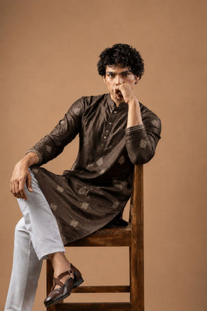 Mens Brown Floral Embroidered Silk Blend Kurta Set (ACB1035)