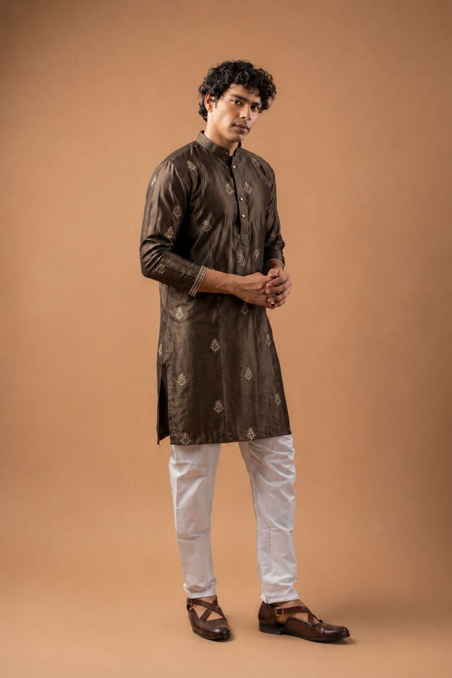 Mens Brown Floral Embroidered Silk Blend Kurta Set (ACB1035)