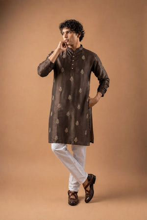 Mens Brown Floral Embroidered Silk Blend Kurta Set (ACB1035)