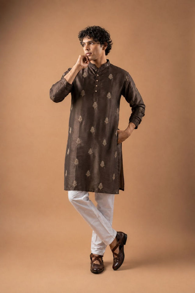 Mens Brown Floral Embroidered Silk Blend Kurta Set (ACB1035)