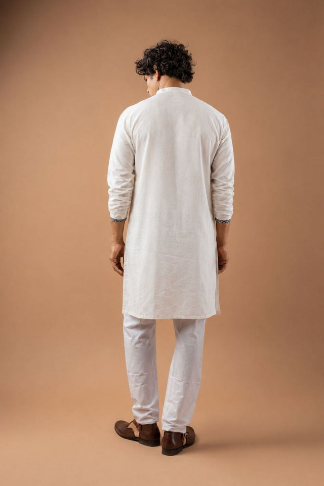 Mens White Floral Embroidered Silk Blend Kurta Set (ACB1036)