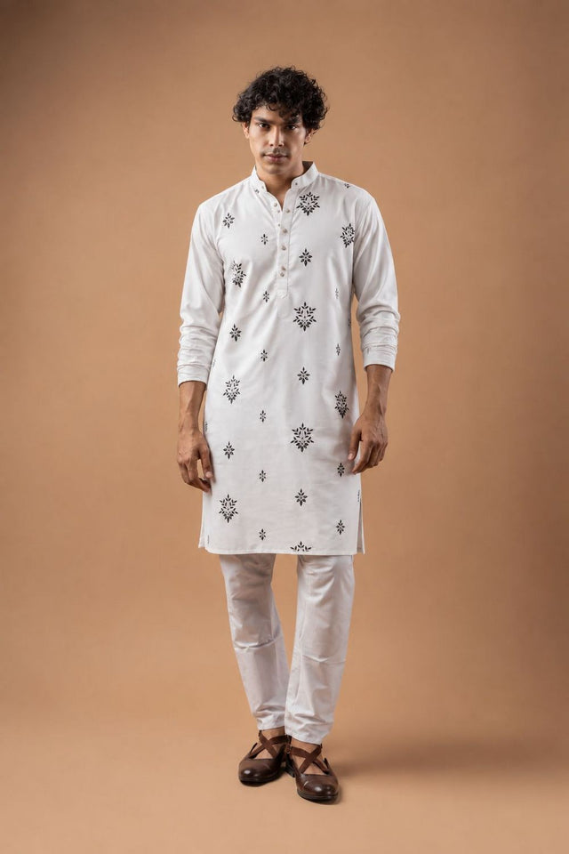 Mens White Floral Embroidered Silk Blend Kurta Set (ACB1036)
