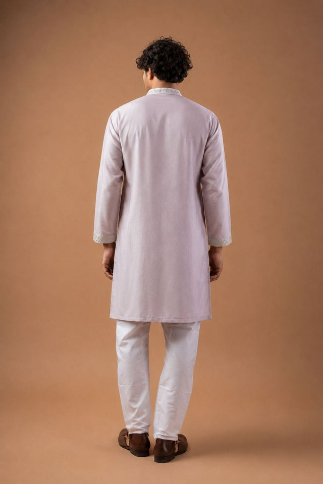 Mens Pink Floral Embroidered Silk Blend Kurta Set (ACB1037)