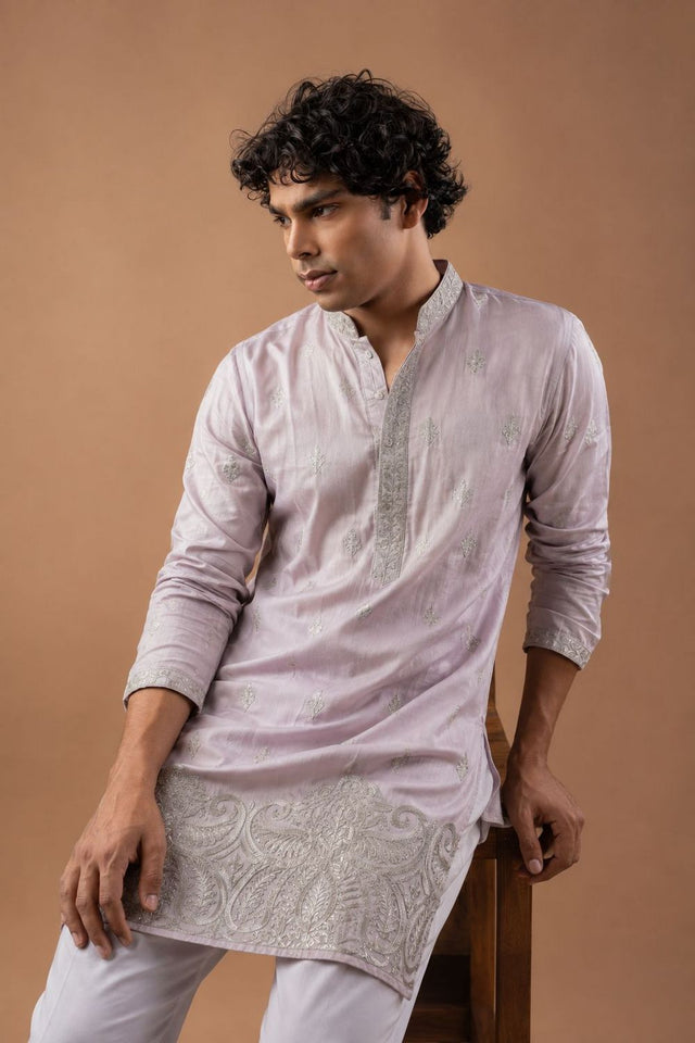 Mens Pink Floral Embroidered Silk Blend Kurta Set (ACB1037)