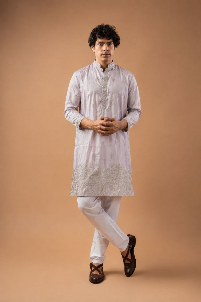Mens Pink Floral Embroidered Silk Blend Kurta Set (ACB1037)