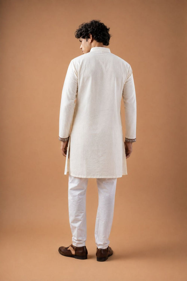 Mens White Embroidered Silk Blend Kurta Set (ACB1038)