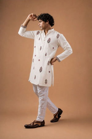 Mens White Embroidered Silk Blend Kurta Set (ACB1038)