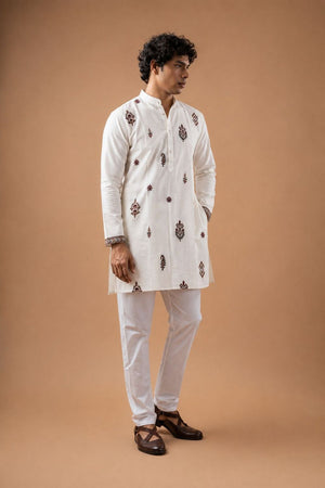 Mens White Embroidered Silk Blend Kurta Set (ACB1038)