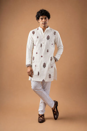 Mens White Embroidered Silk Blend Kurta Set (ACB1038)