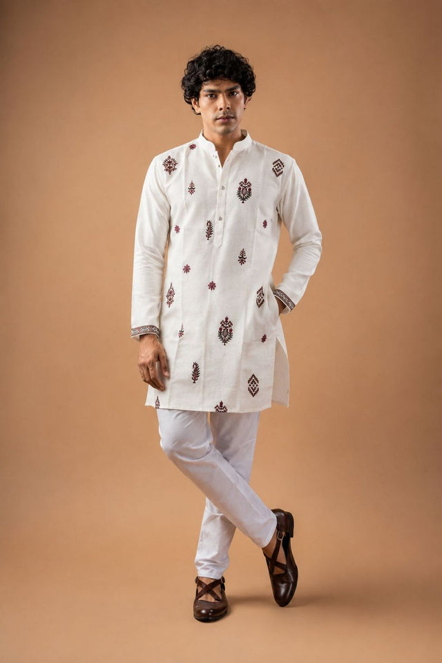 Mens White Embroidered Silk Blend Kurta Set (ACB1038)