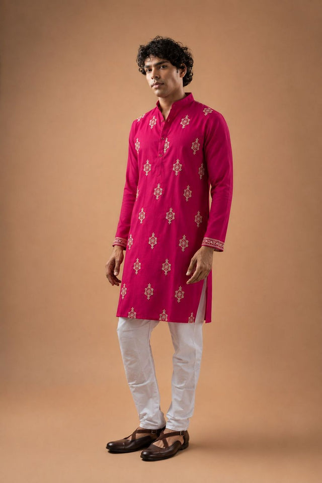 Mens Pink Embroidered Silk Blend Kurta Set (ACB1039)