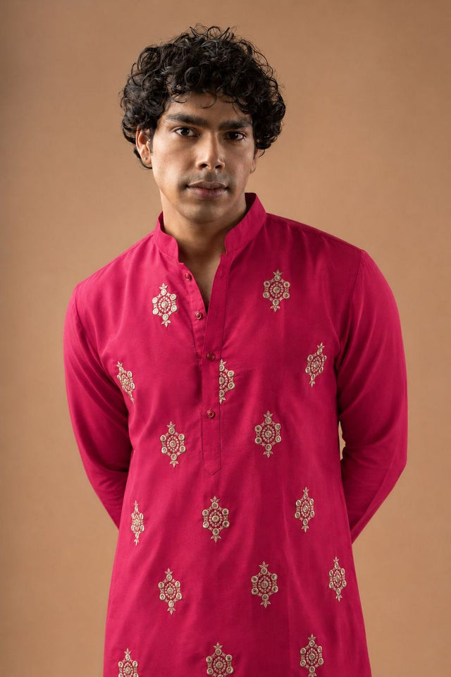 Mens Pink Embroidered Silk Blend Kurta Set (ACB1039)