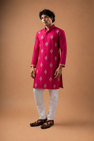 Mens Pink Embroidered Silk Blend Kurta Set (ACB1039)
