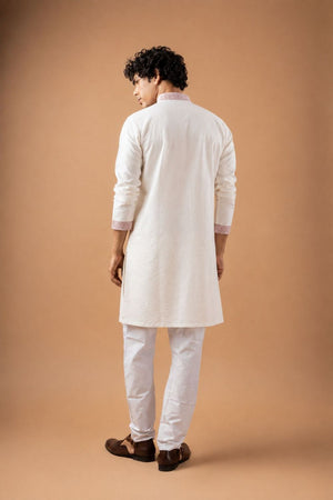 Mens White Embroidered Silk Blend Kurta Set (ACB1040)