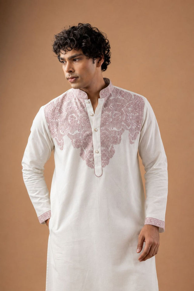 Mens White Embroidered Silk Blend Kurta Set (ACB1040)