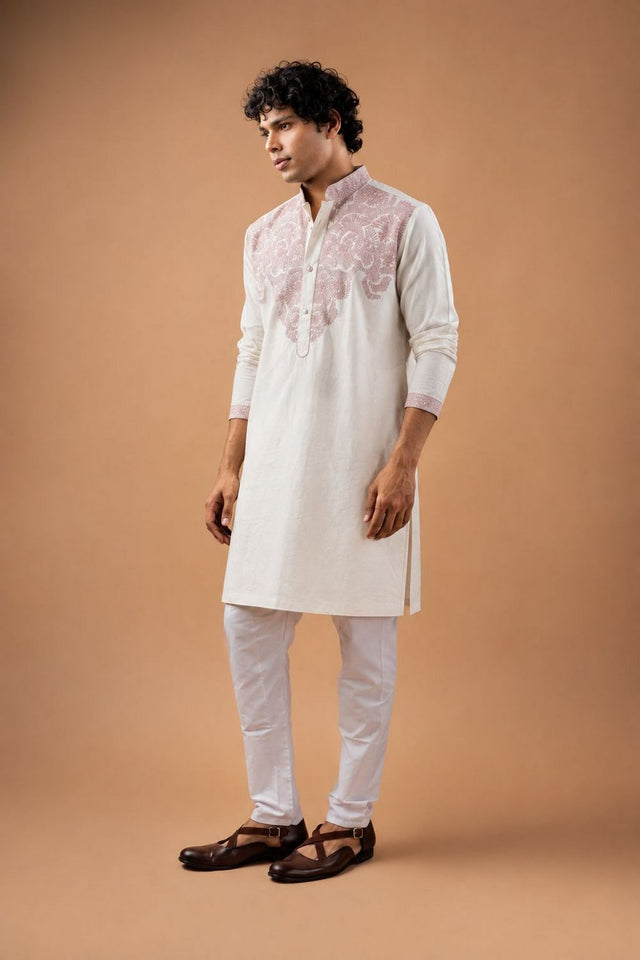 Mens White Embroidered Silk Blend Kurta Set (ACB1040)