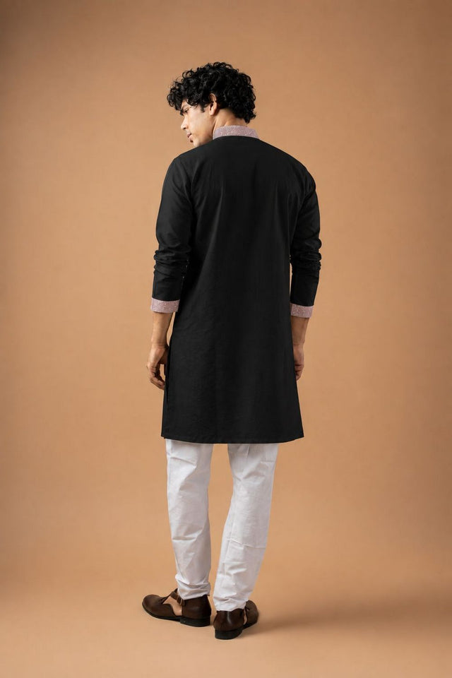 Mens Black Embroidered Silk Blend Kurta Set (ACB1041)